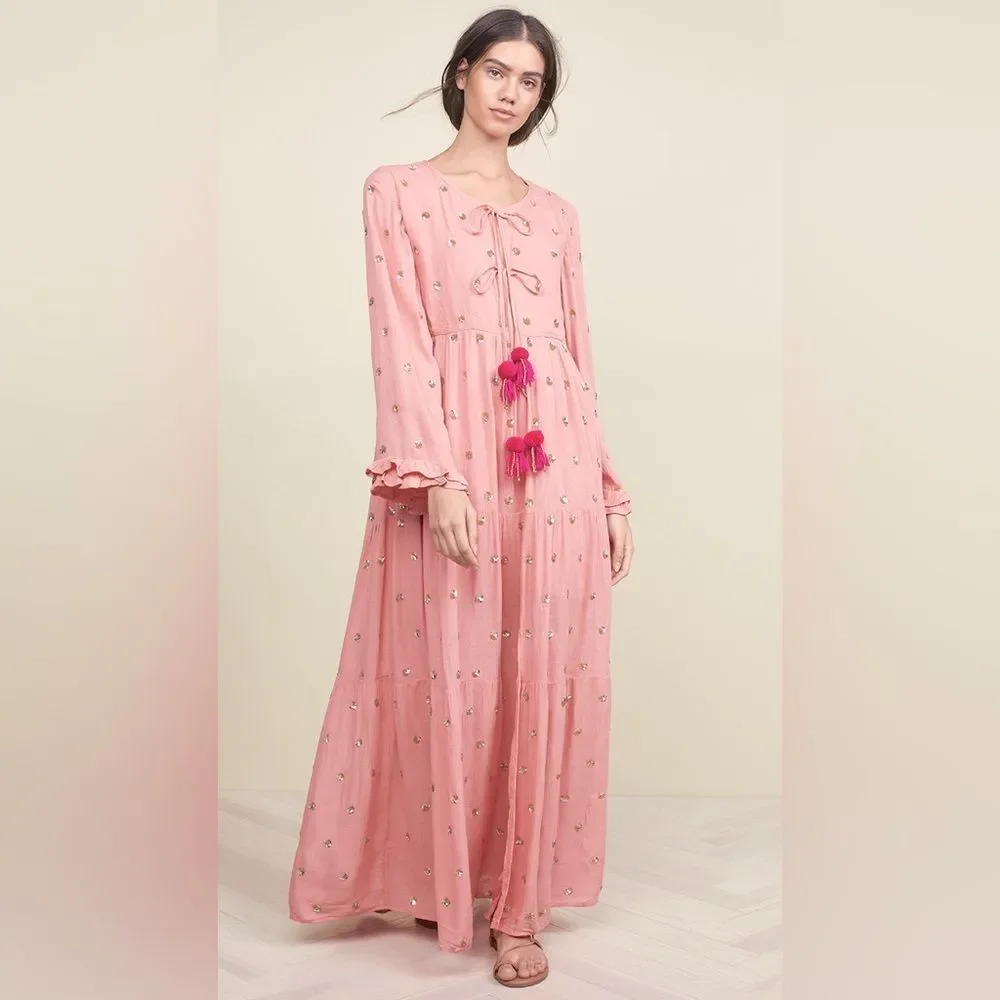 Sundress Neo Long Embellished Tiered Long Sleeve Maxi Dress in Coral size XS/S